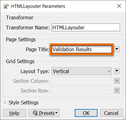 Setting the HTMLLayouter parameters