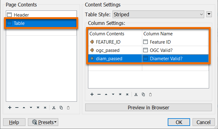 Setting the Table parameters