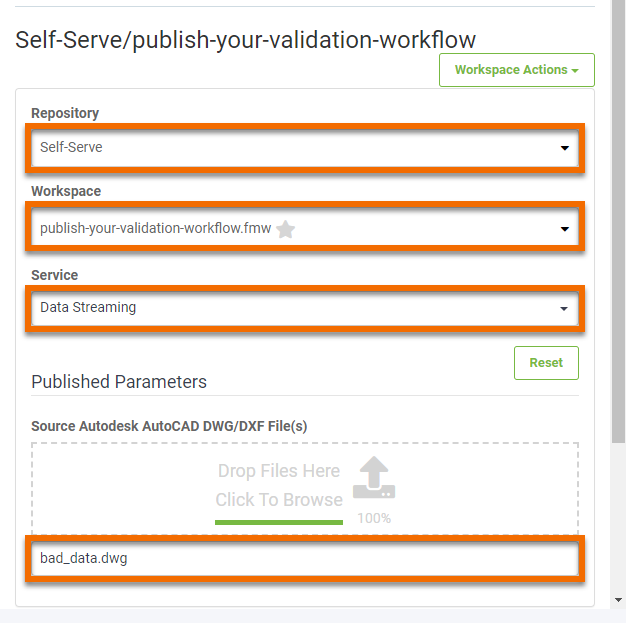 Setting user parameters in the FME Server Run Workspace web interface