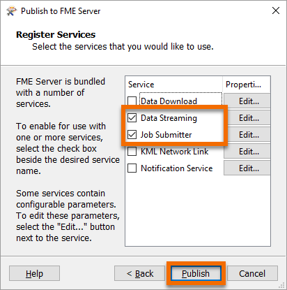 Registering the Data Streaming and Job Submitter services