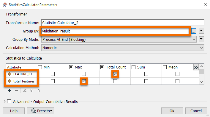 Setting the StatisticsCalculator parameters