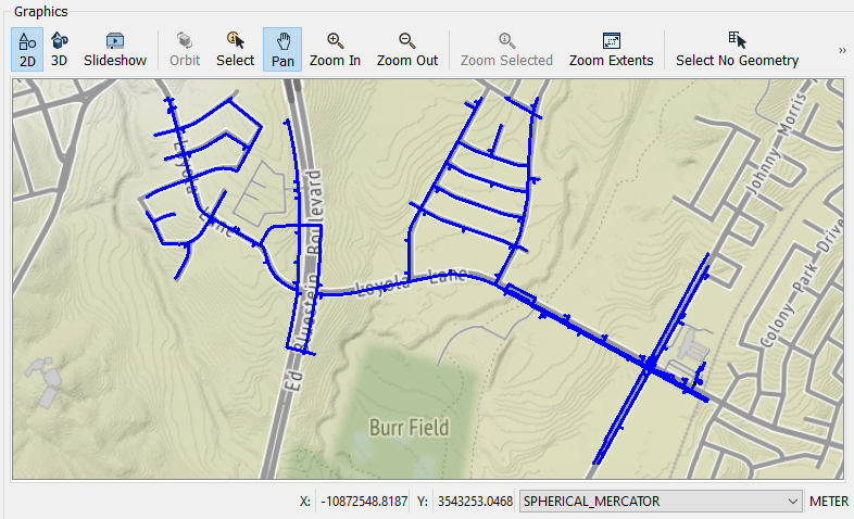 Viewing the water network data in Visual Preview's Graphics view