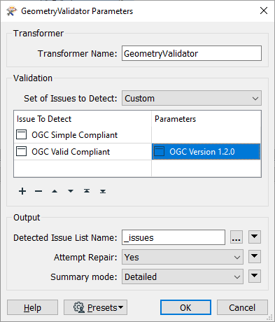 Setting GeometryValidator parameters