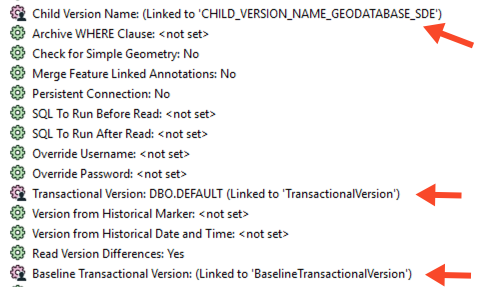 three parameters linked for the GEODATABASE_SDE reader