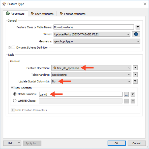 Writer feature type parameters