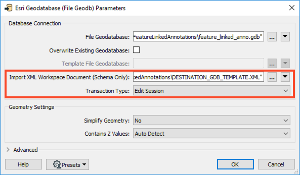 set the Import XML Workspace Document (Schema Only) to DESTINATION_GDB_TEMPLATE.XML