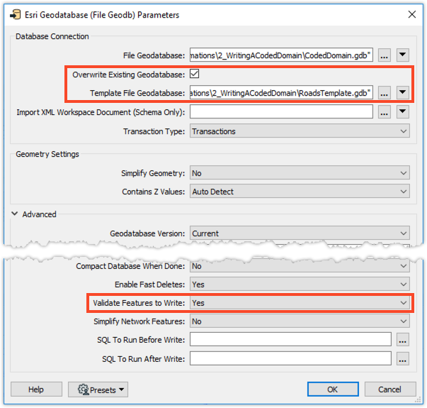 Esri Geodatabase writer parameters