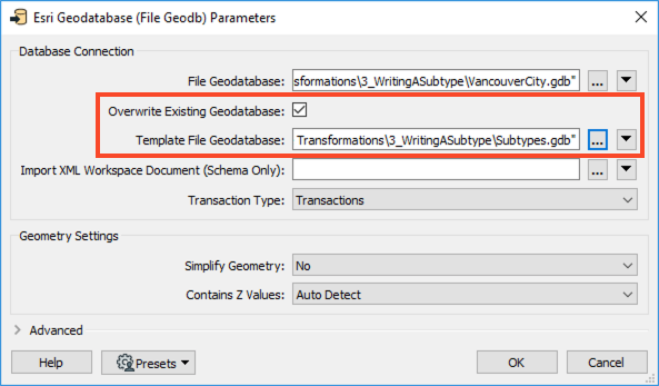 enable Overwrite Existing Geodatabase, and then set the Template File Geodatabase to Subtypes.gdb