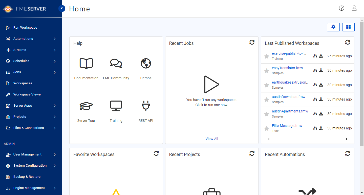 The FME Server home page