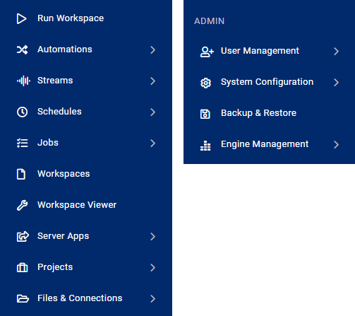 FME Server web interface menu options