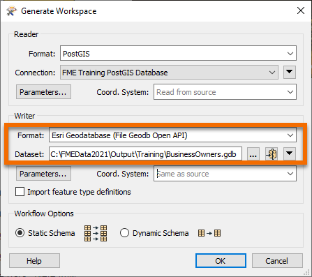 Selecting Writer Format and Dataset