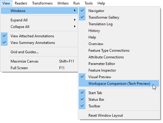 Opening the Compare Workspace window
