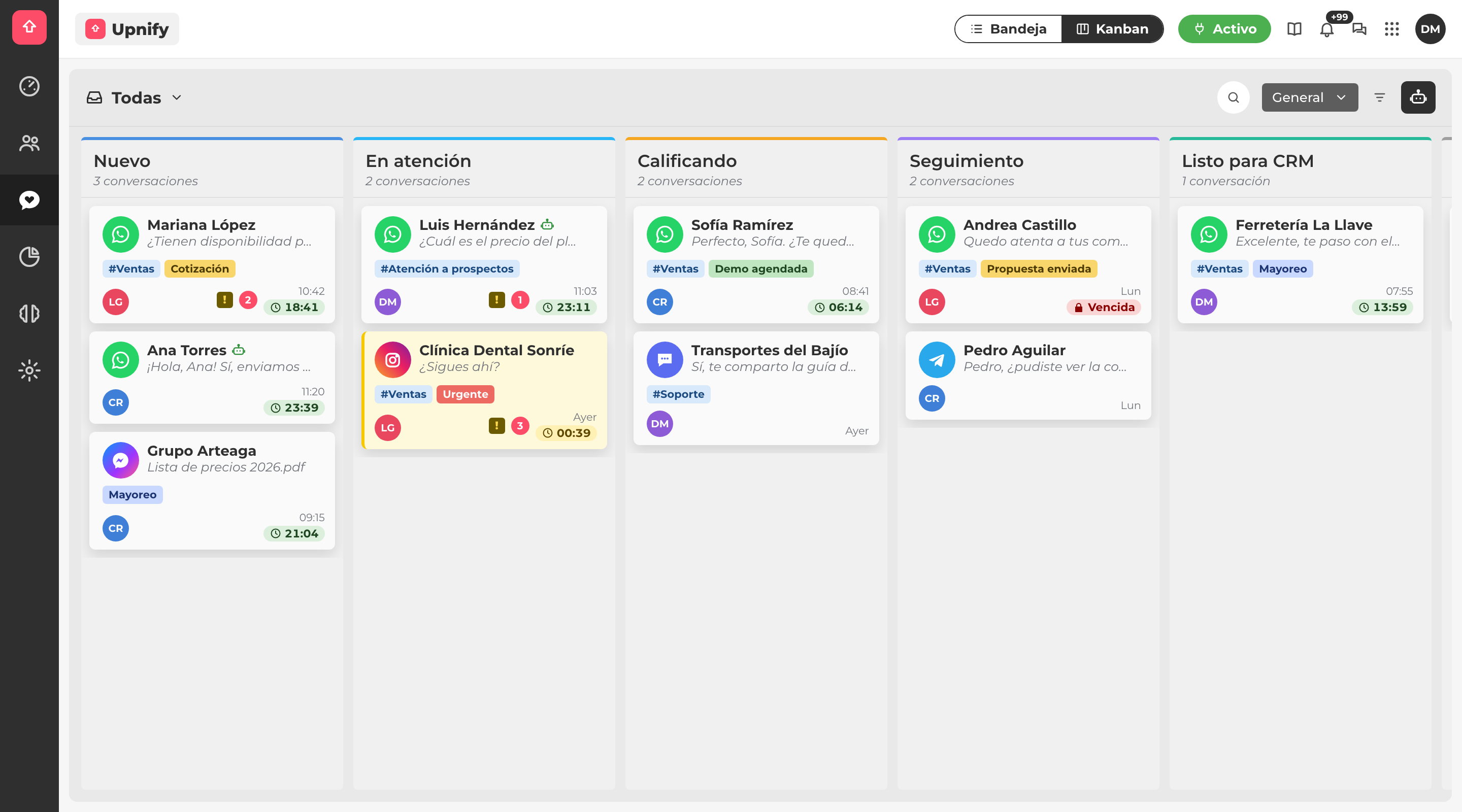 Kanban View showing the stages of the General funnel