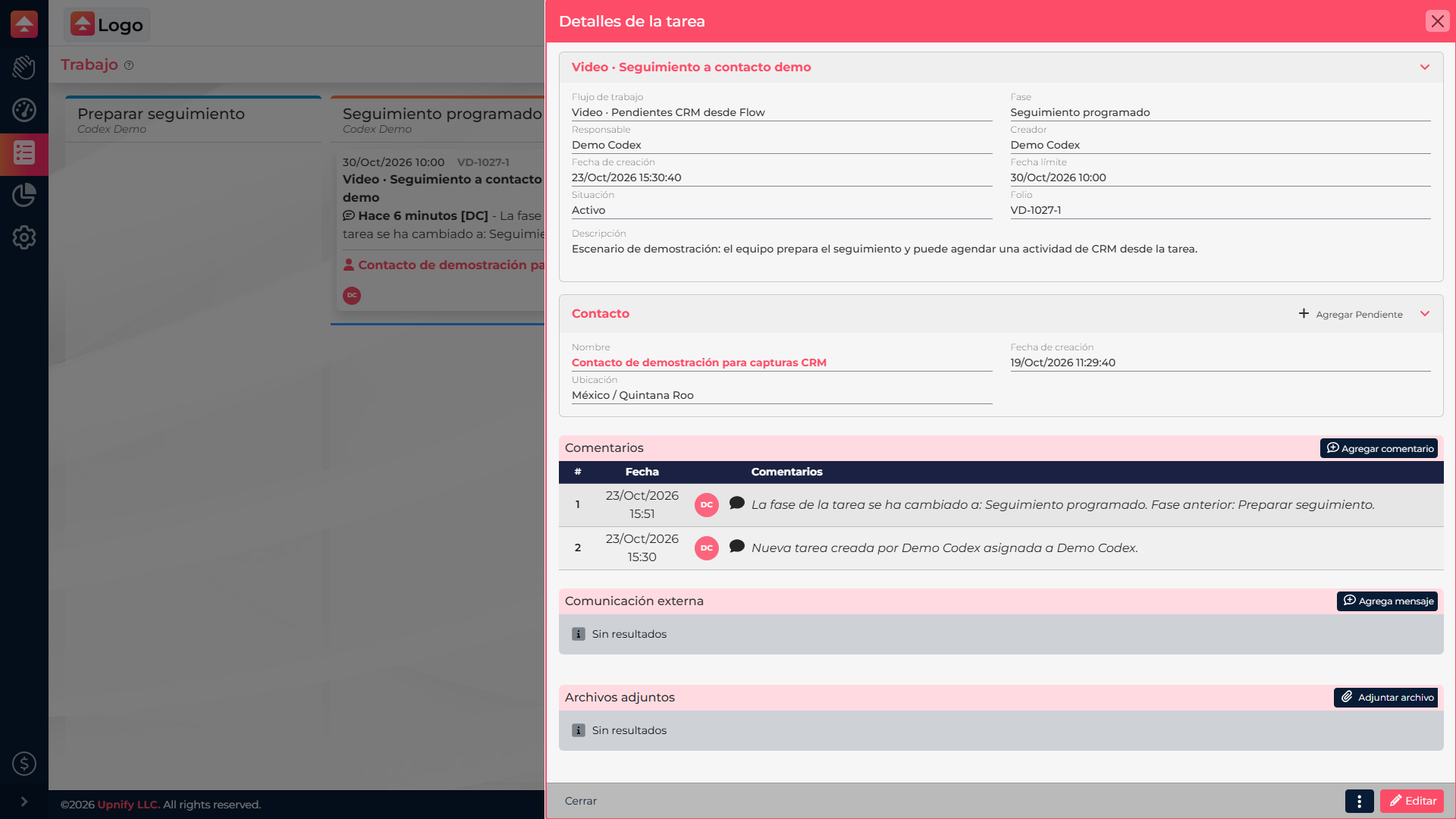 Detalle de tarea de Flow con el contacto vinculado y la opci&oacute;n Agregar Pendiente