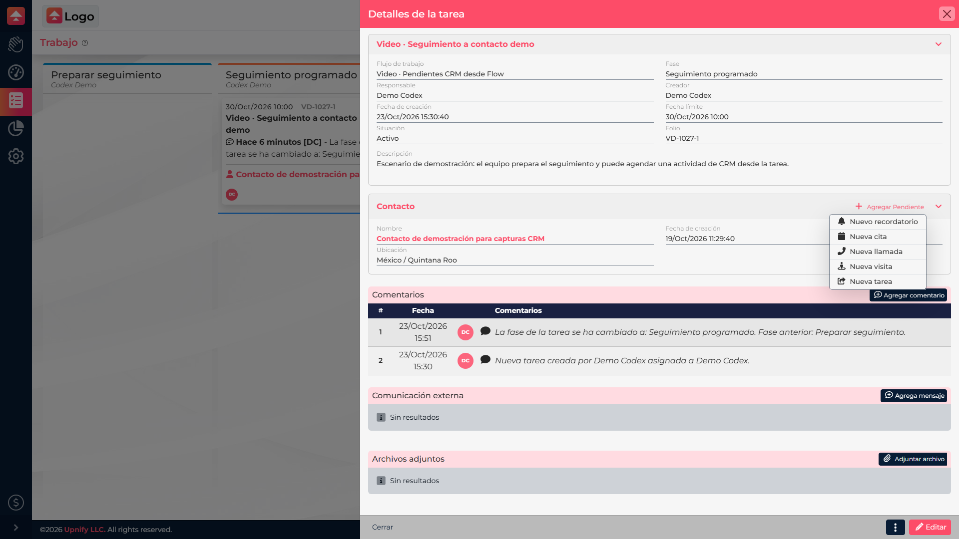 Opciones de pendientes de CRM disponibles desde Flow