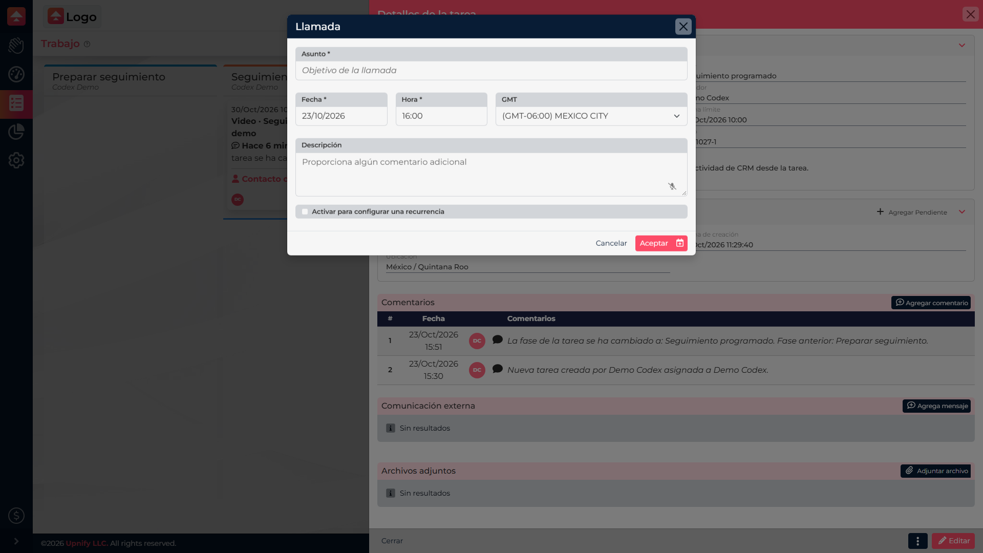 Formulario de llamada de CRM abierto desde una tarea de Flow