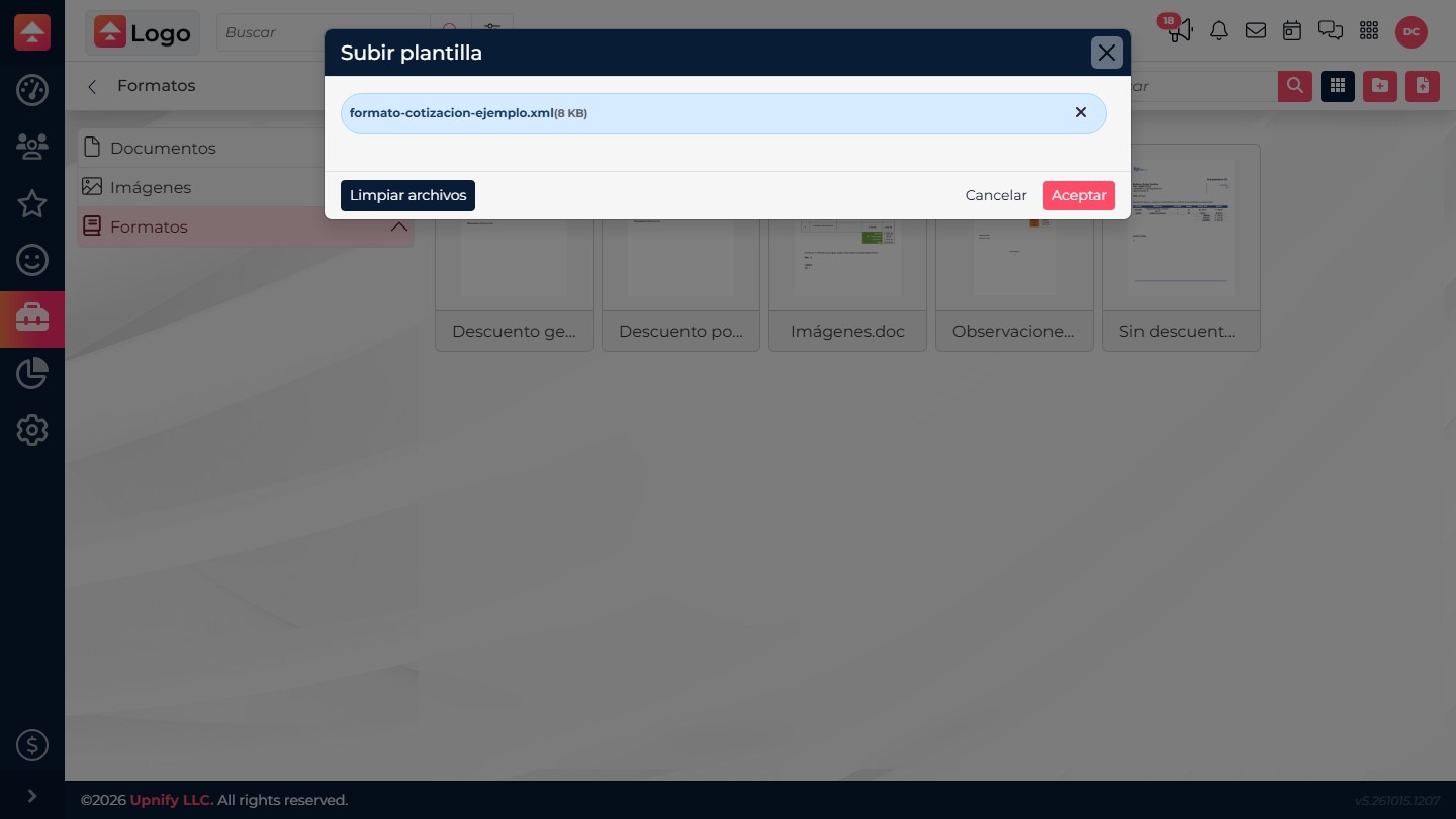 CRM Upload template dialog with an XML file selected