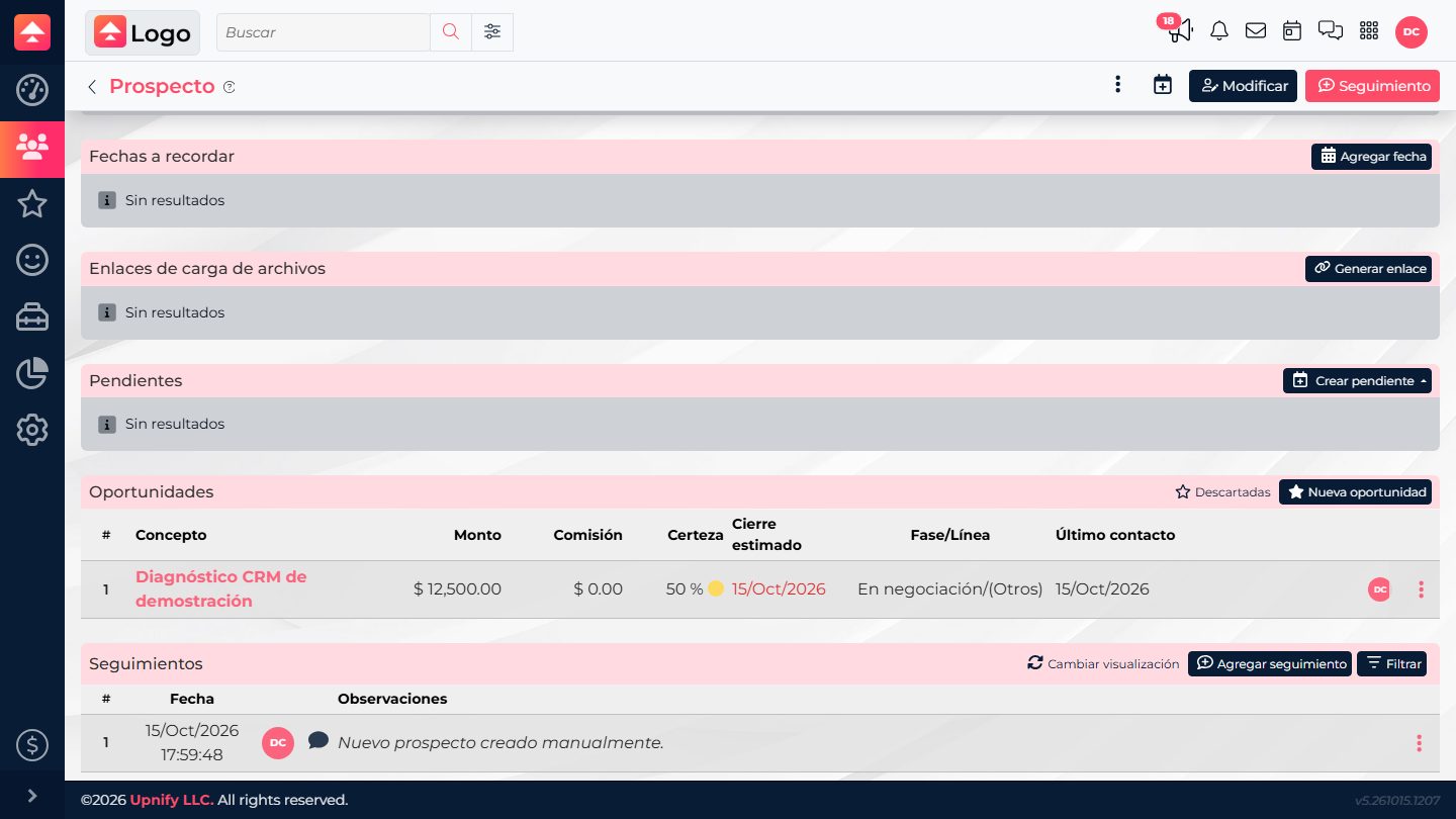 Fictional prospect record with a related opportunity in Upnify CRM