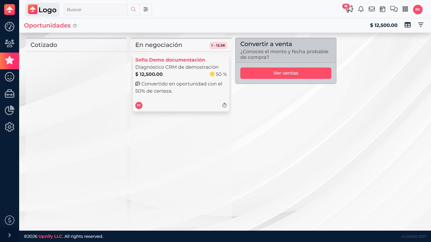 A fictional opportunity in a phase on the Upnify CRM Kanban board