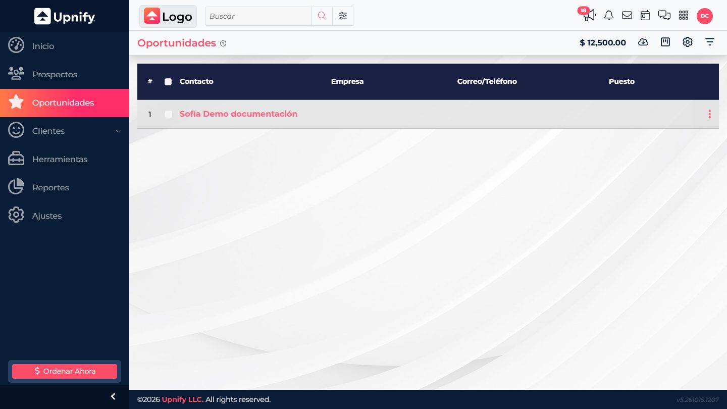 Upnify CRM side menu with available sections