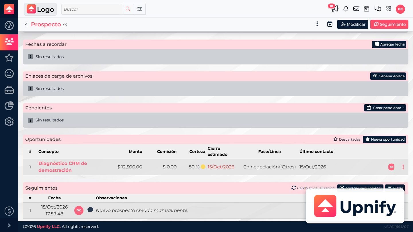 A CRM record showing an opportunity linked to a prospect