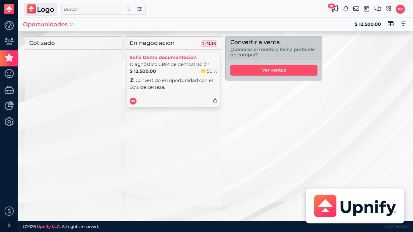 Upnify CRM Kanban board with a sample opportunity in a phase