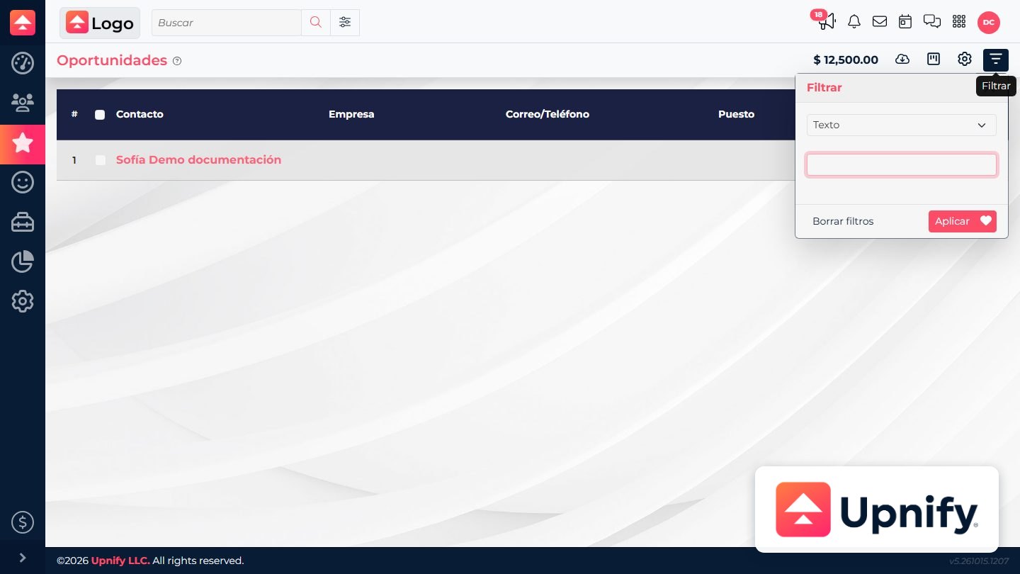 CRM opportunity list with the text filter panel open