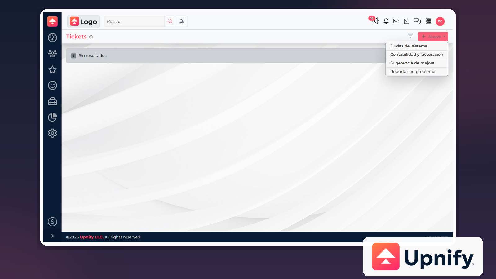 Tela Tickets do CRM com o menu de novas solicitações aberto e a marca Upnify.