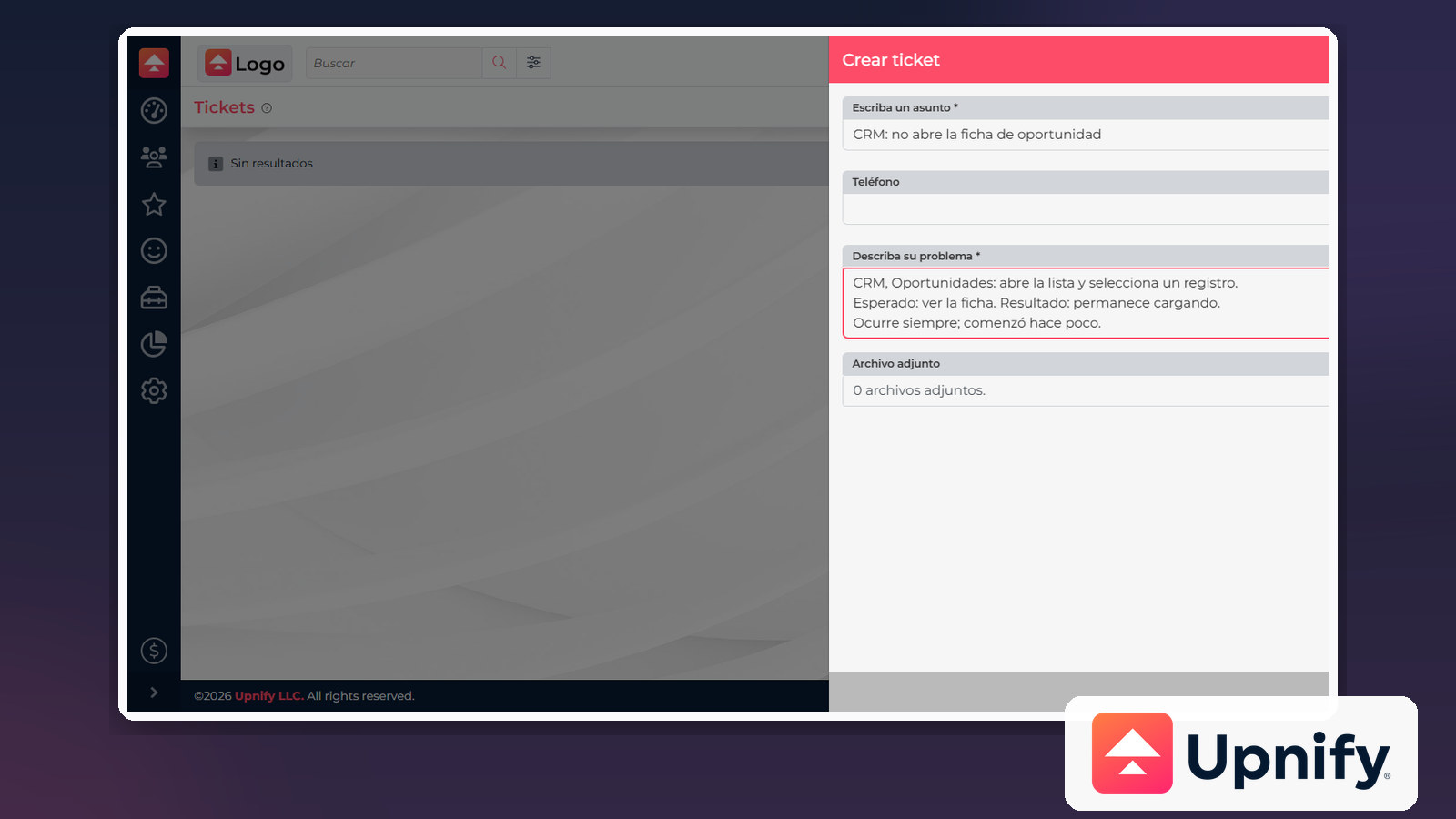 Formulário de suporte do CRM com exemplo de relato reproduzível e a marca Upnify.