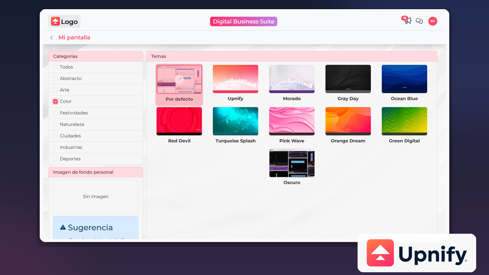 Configuração Minha tela do Upnify Suite com opções de temas visuais e a marca Upnify.