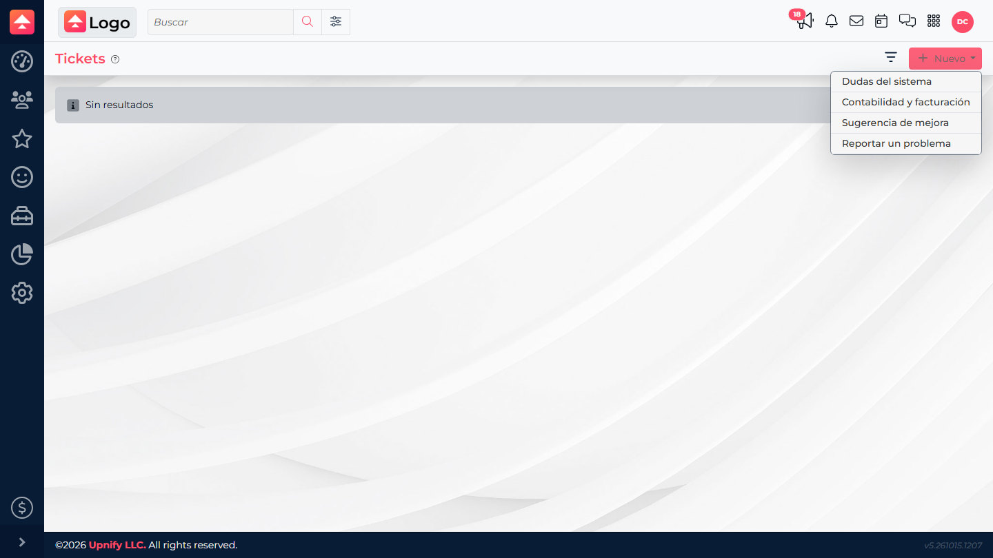 CRM Tickets New menu showing the four available support options.