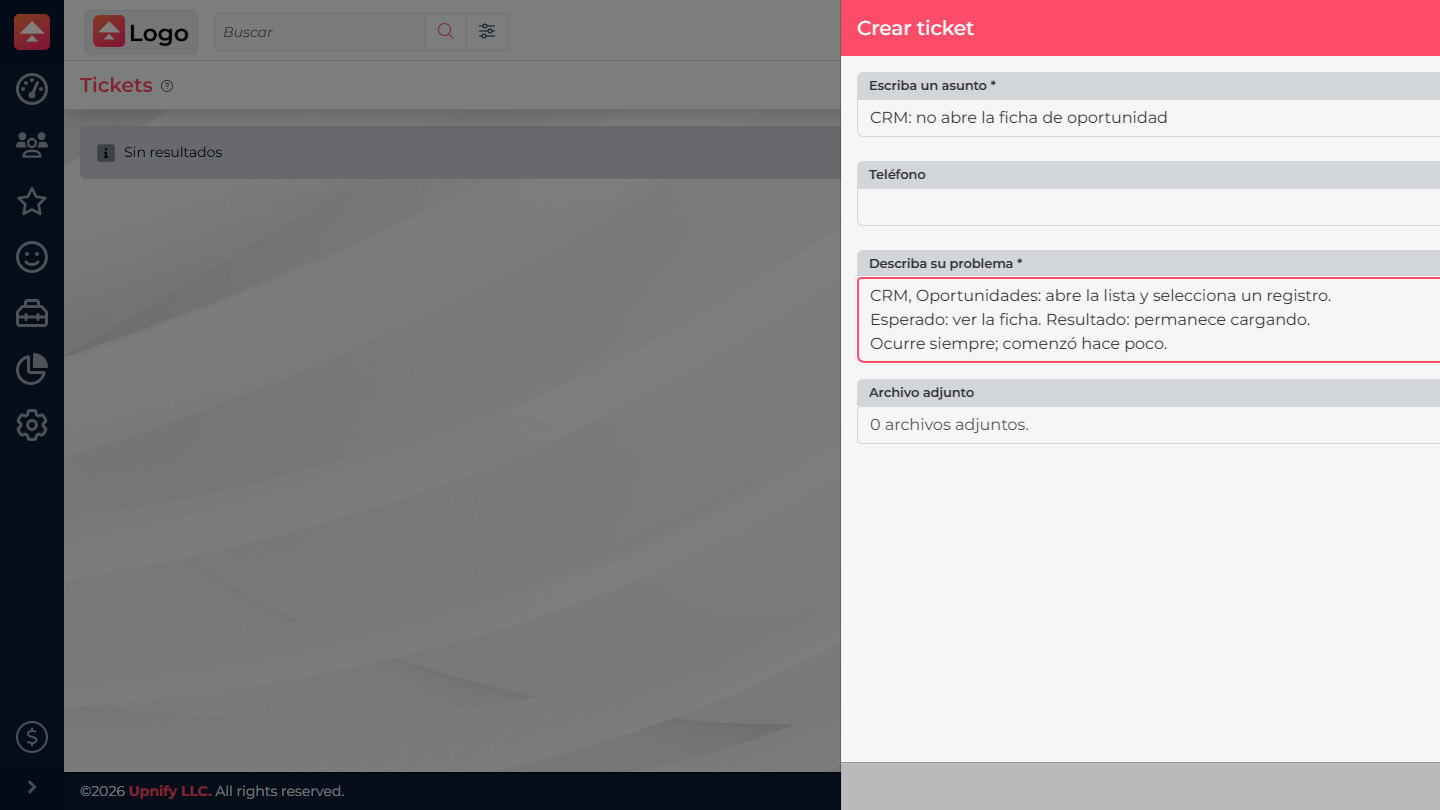 CRM Create ticket form with a fictional subject and problem description.