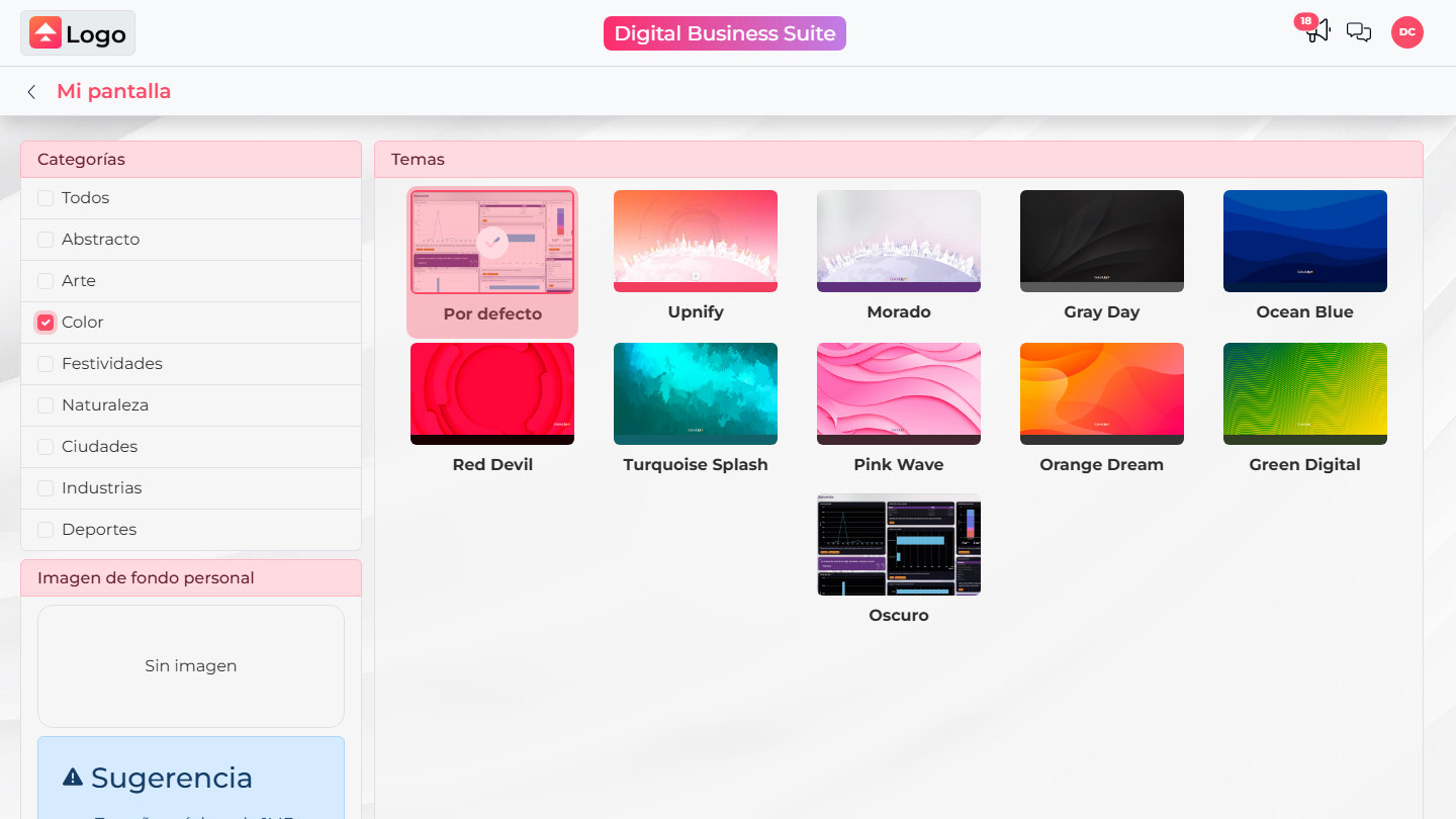 Upnify Suite My screen with the Color category selected and theme cards displayed.