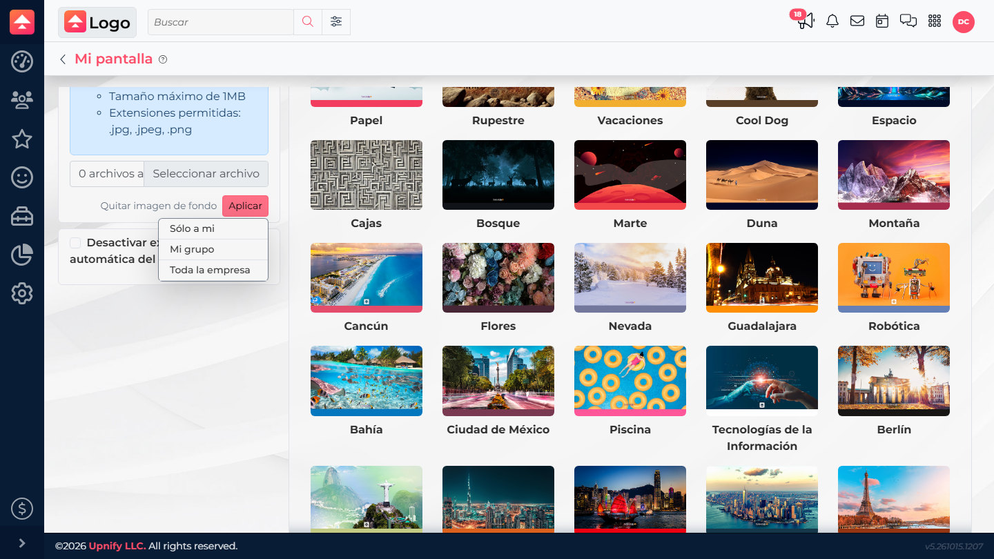 Upnify CRM My screen with a background preview and the Apply scope menu open.