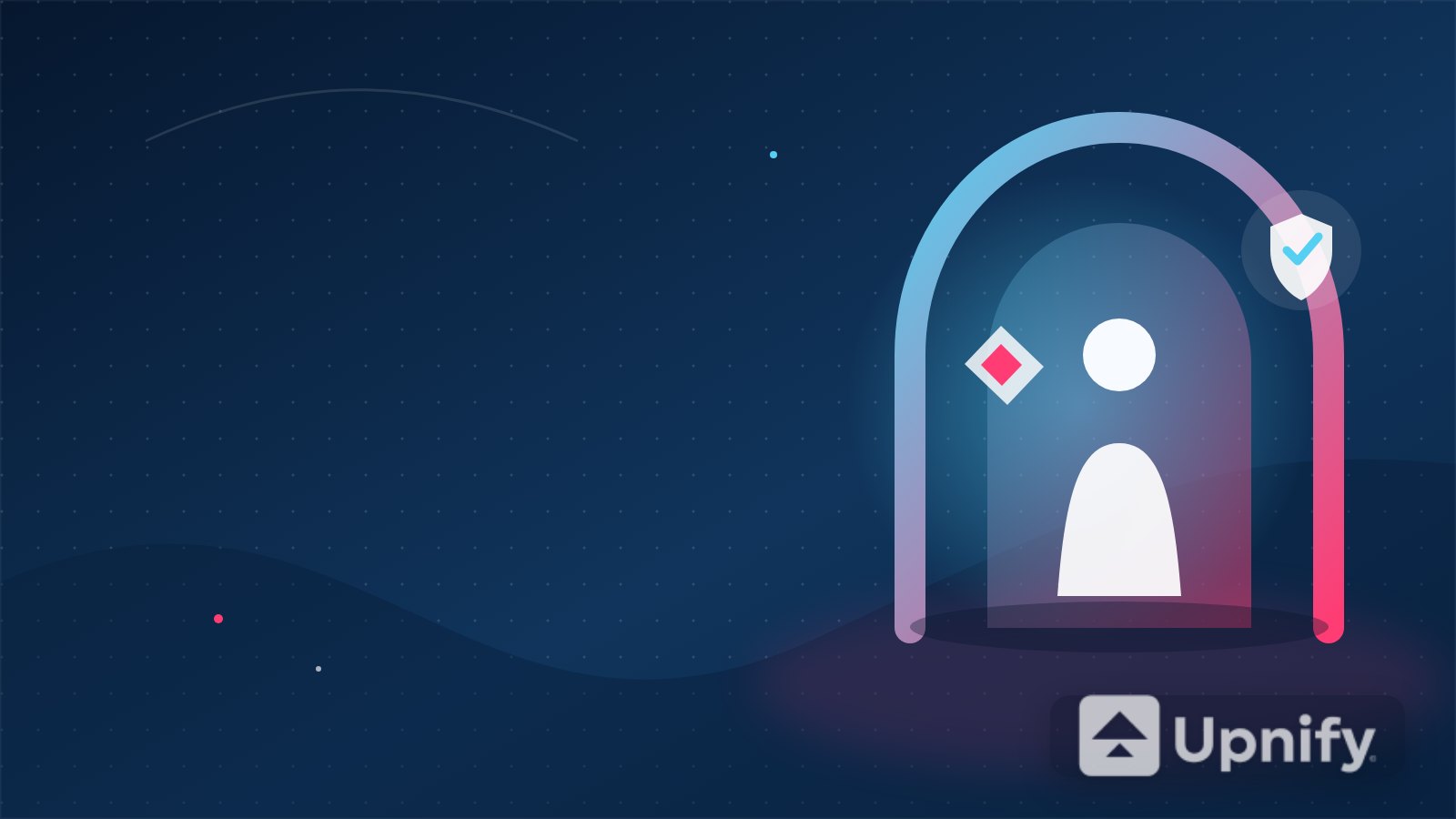 Ilustração conceitual do acesso seguro ao Upnify Suite, com uma pessoa entrando em um portal digital e um escudo de proteção