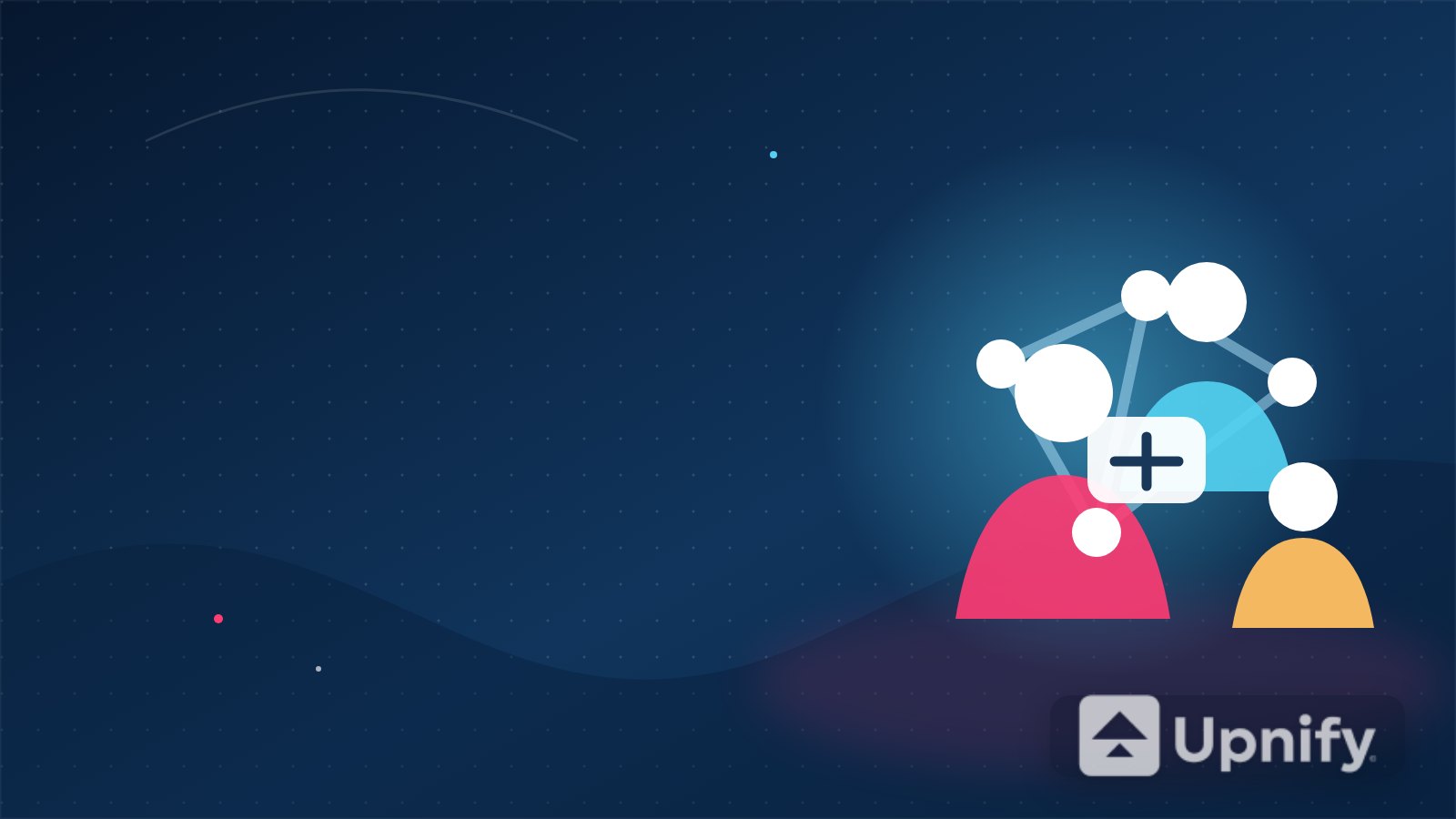 Ilustração de uma equipe conectada a uma conta central do Upnify Suite, representando a administração de usuários e acessos