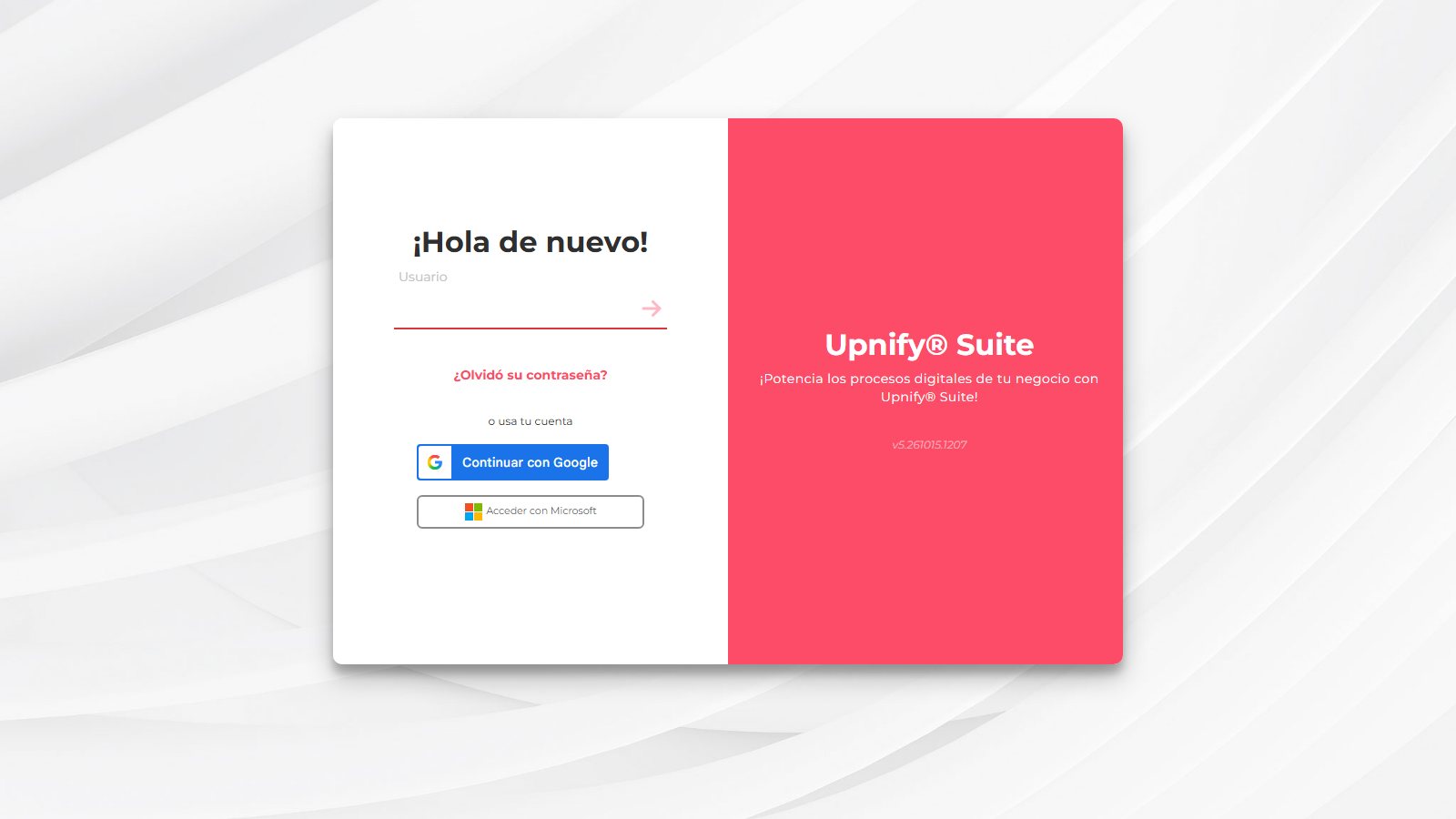 Tela de acesso do Upnify Suite com o campo Usuário e as opções para entrar