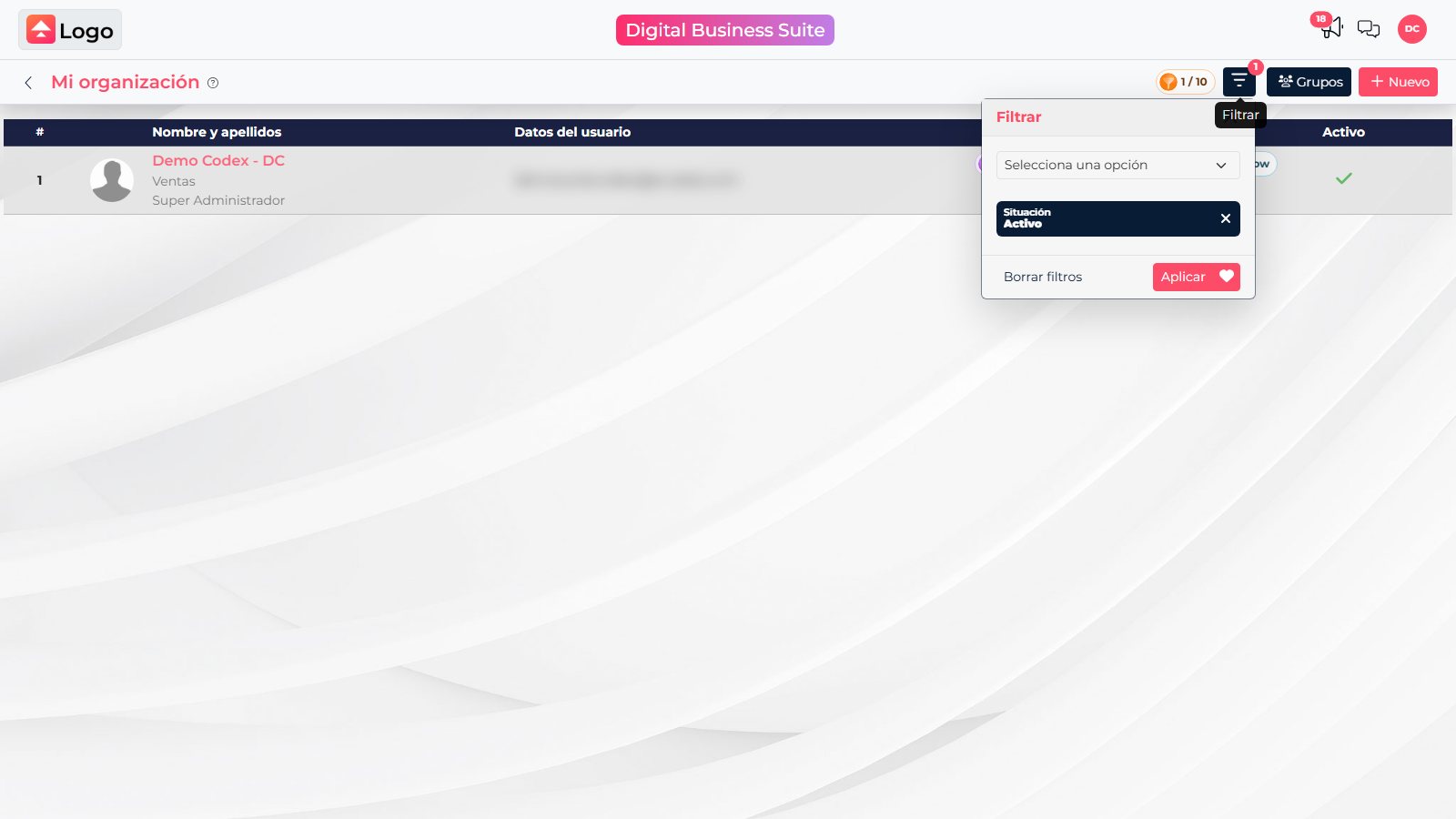 Painel de filtros de usuários com a situação Ativo selecionada