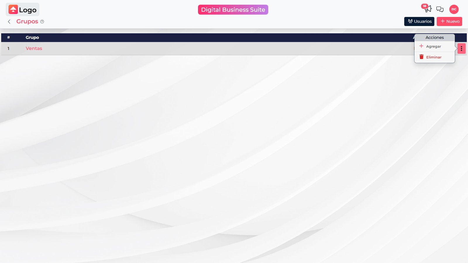 Group action menu with Add and Delete options