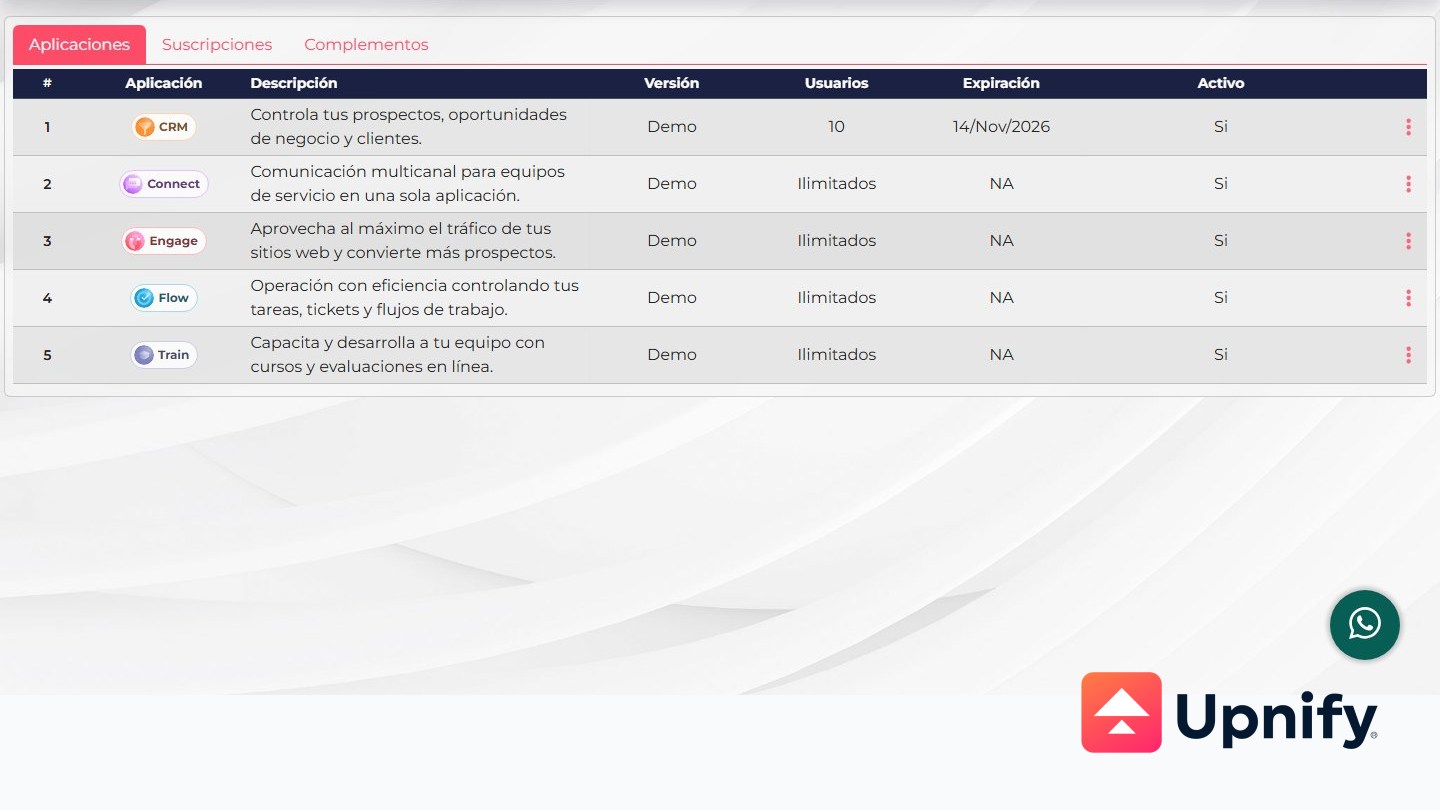 Tela de aplicações do licenciamento do Upnify Suite com marca d’água oficial da Upnify