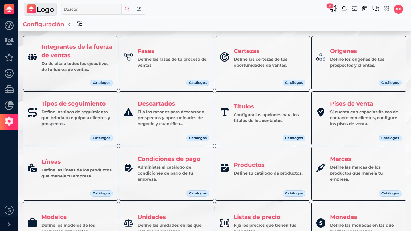CRM Settings screen with sales process catalogs.