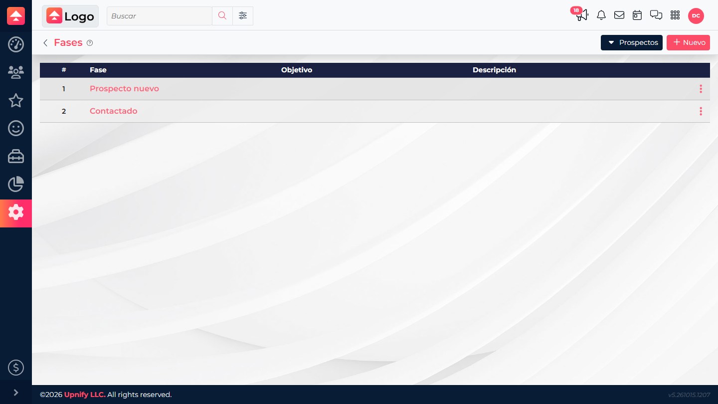 CRM phase list with the Prospects entity selector.