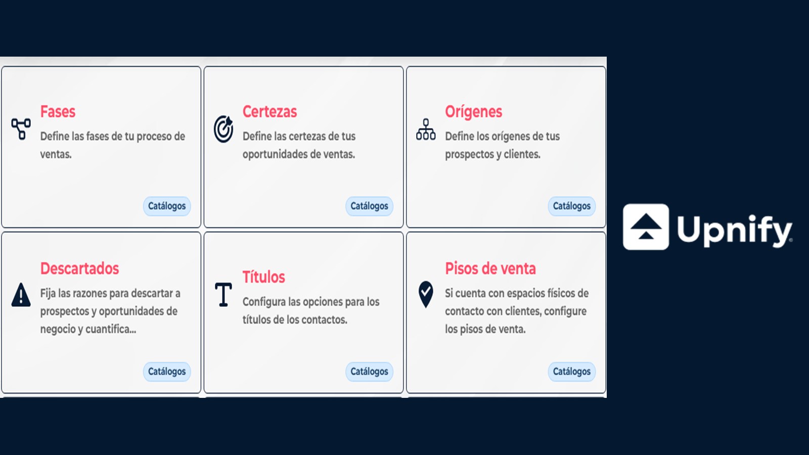 Catálogos de fases, certezas, orígenes y seguimiento en Upnify CRM