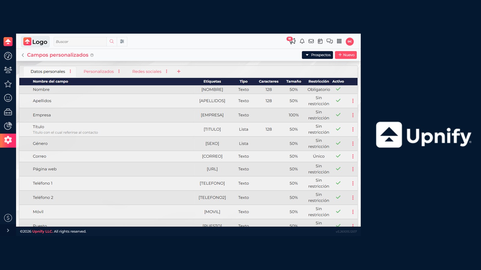Pantalla de campos personalizados de Upnify CRM con pestañas y campos del registro de prospectos