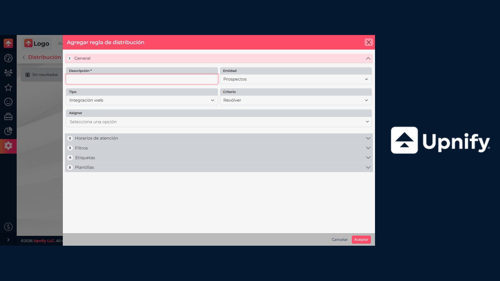 Formulario de distribución automática de contactos en Upnify CRM con entidad, tipo de regla y criterio
