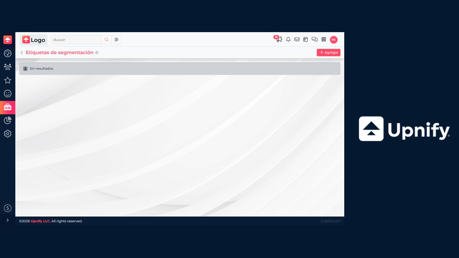 Pantalla Etiquetas de segmentación de Upnify CRM y su catálogo