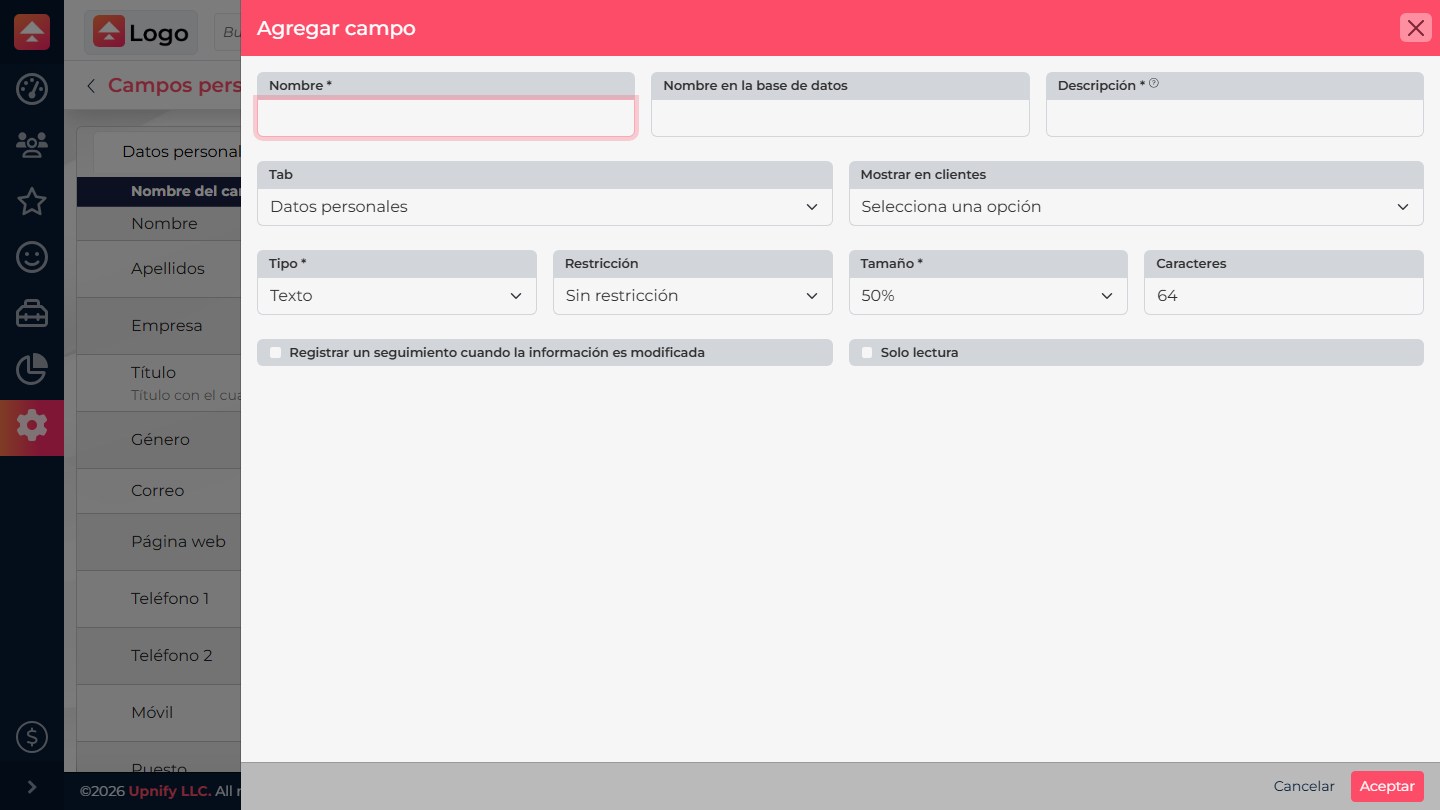 Add field form in CRM with name, description, tab, types, restrictions, and size.