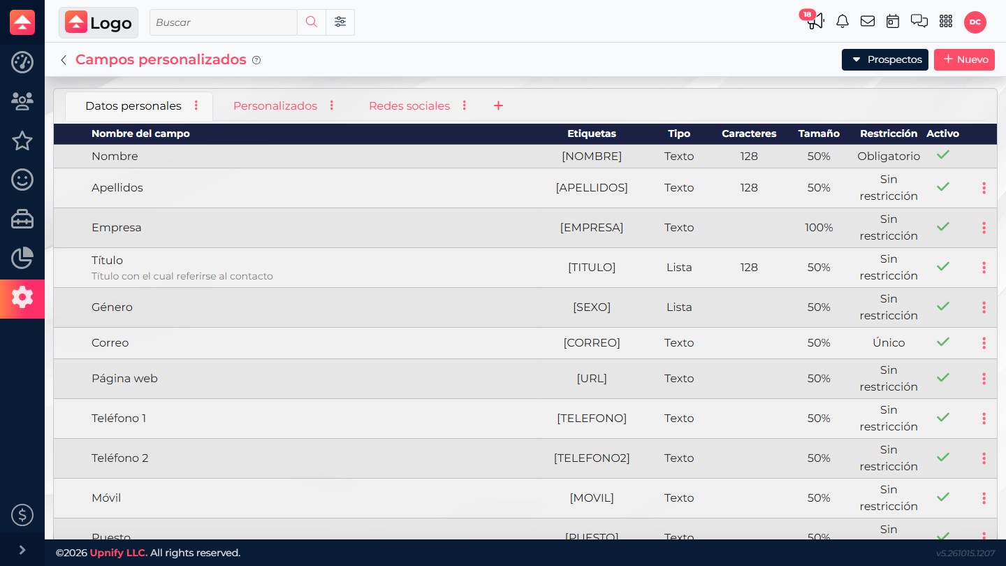 Custom fields screen with Prospects selector and Personal details, Custom, and Social networks tabs.