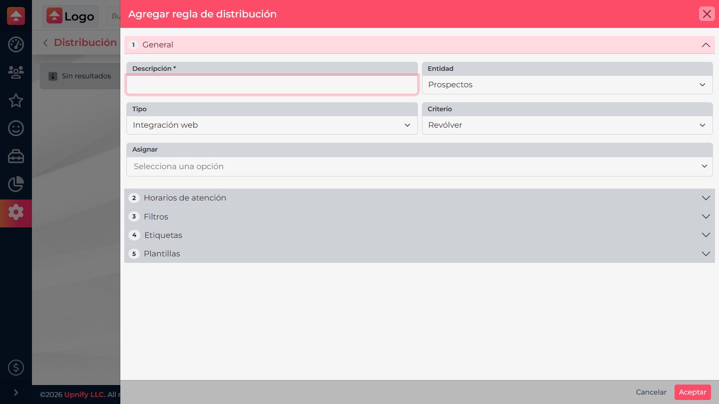 Distribution rule form with description, entity, event type, criterion, and schedule, filter, tag, and template sections.