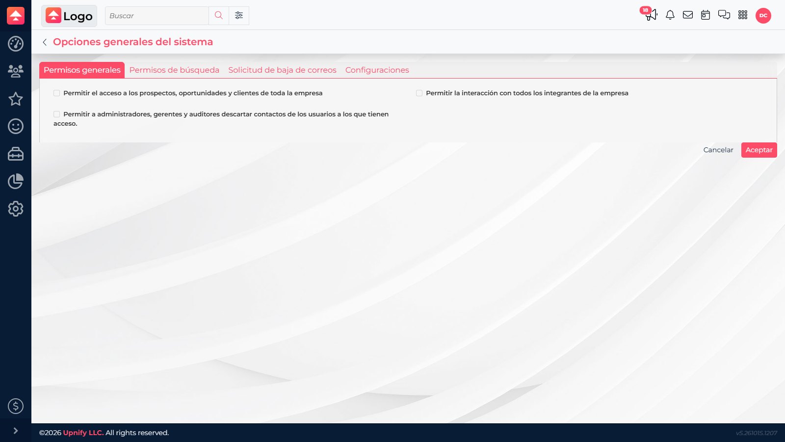 CRM General permissions tab with company-wide access and interaction controls.